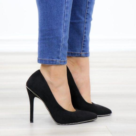 Black vegan Suede High Heel Pumps With Studs - Picture 4 of 12